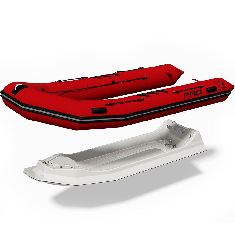 Zodiac Pro opblaasbare rubberboot in rood, weergegeven boven een losse witte polyester V-romp