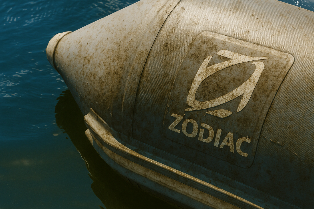 Vervuilde Zodiac rubberboot op het water – voorbeeld van reiniging met Blue Marine producten